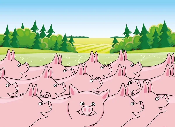 夏の自然の背景に陽気な豚 — ストックベクタ