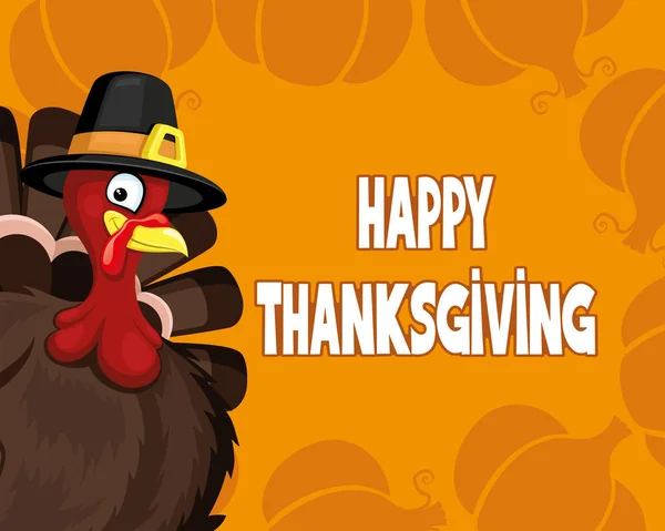 Kreskówka Turcja Pomarańczowym Tle Dyni Tekst Happy Thanksgiving — Wektor stockowy