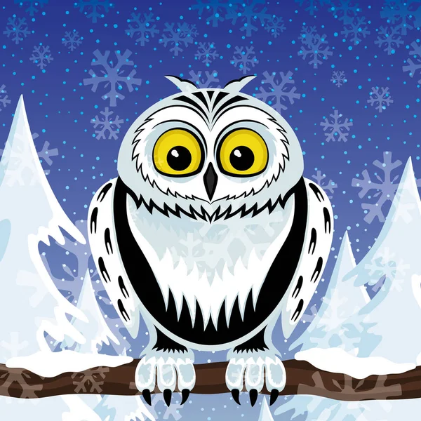 Owl Sitting Branch Winter Forest — Stock Vector