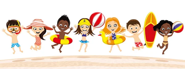 Vacanze Estive Sulla Spiaggia Gruppo Bambini Felici Salto — Vettoriale Stock