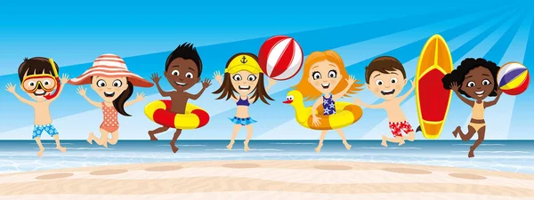 Vacanze Estive Sulla Spiaggia Gruppo Bambini Felici Salto — Vettoriale Stock