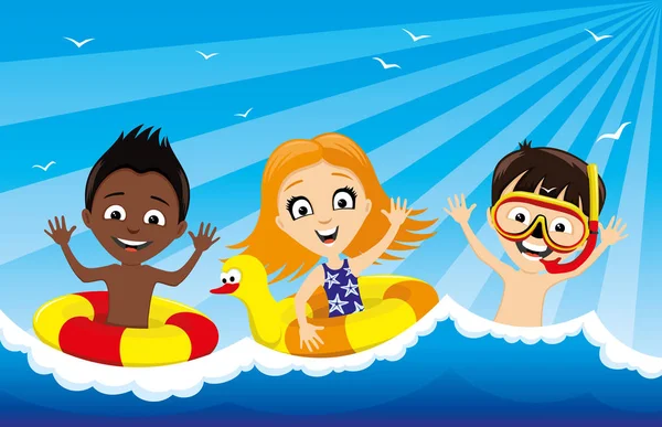 Παιδιά Κολυμπάνε Στο Νερό Καλοκαιρινές Διακοπές Έννοια — Διανυσματικό Αρχείο