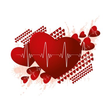 Beyaz zemin üzerine kırmızı kalpler tıp ve soyut kardiyo konseptiyle.