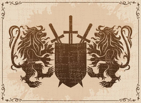 两只狮子 羊皮纸上有盾牌和剑 — 图库矢量图片