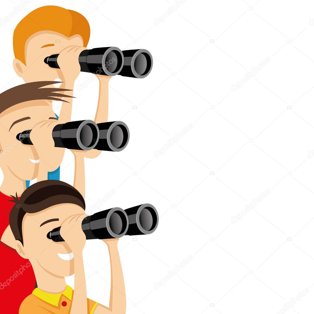 Young people looking through binoculars on a white background.