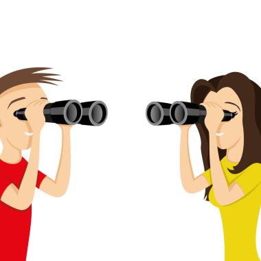 Young people looking through binoculars on a white background. clipart