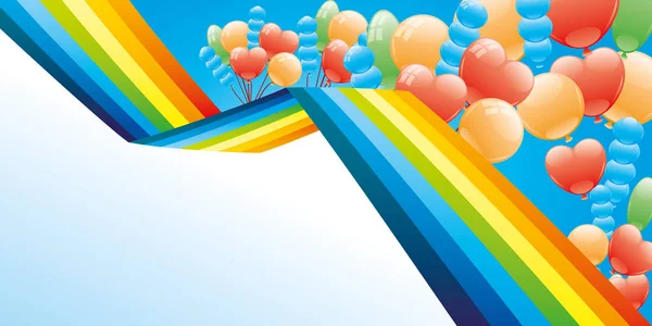 Feiertagsbanner Mit Regenbogen Und Luftballons Blauen Himmel — Stockvektor