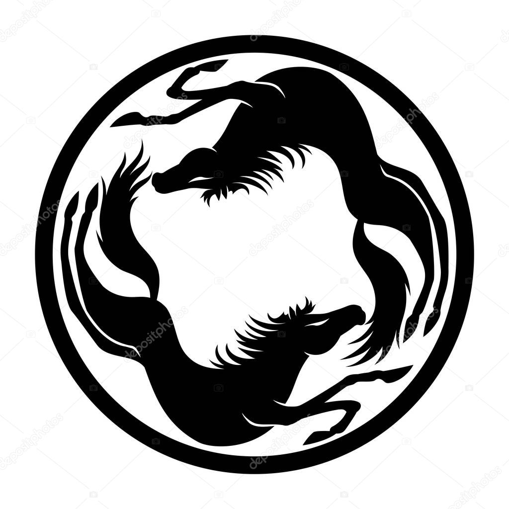 Two black horses in a round sign on a white background.