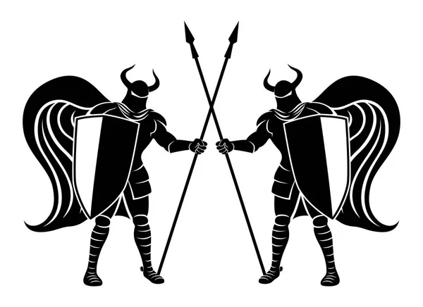 在白色背景上有盾牌和长矛标志的骑士 — 图库矢量图片