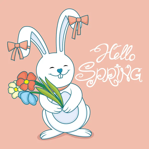Bunny Dengan Bunga Dan Teks Halo Musim Semi - Stok Vektor