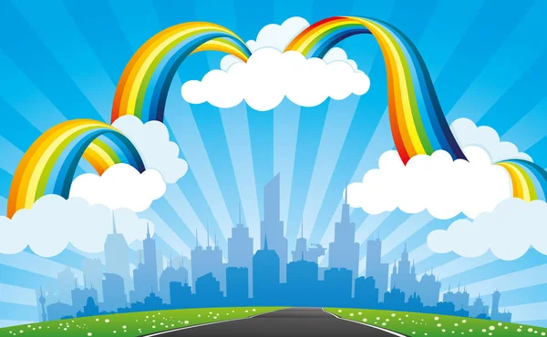 在蓝天和城市的彩虹在地平线上 — 图库矢量图片