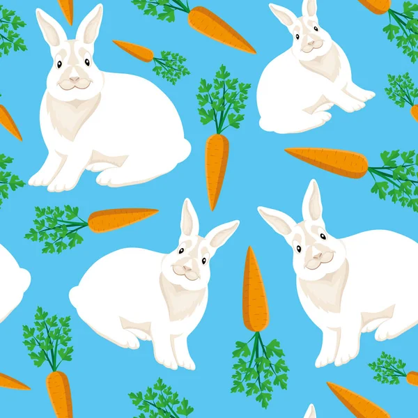 Seamless Pattern White Rabbits Carrots Blue Background — Stock Vector