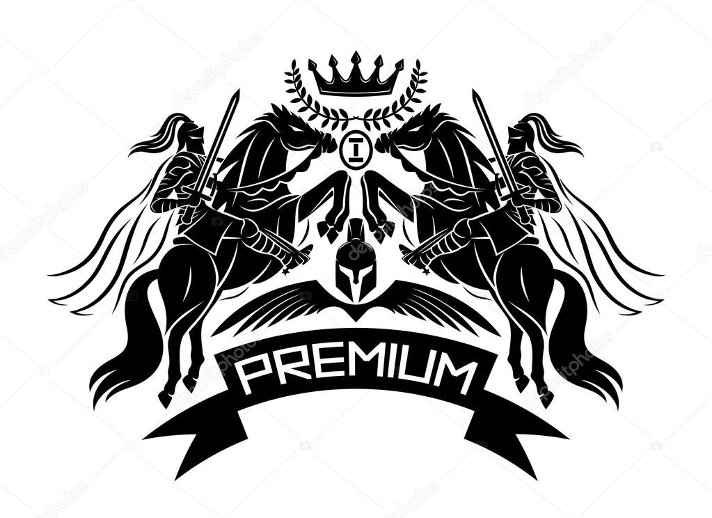 Premium sign with knights with swords riding horses on a white background.