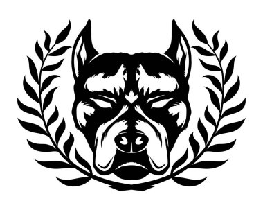 Beyaz bir arka plan üzerinde defne çelenk ile köpek ırkı pitbull terrier işareti.