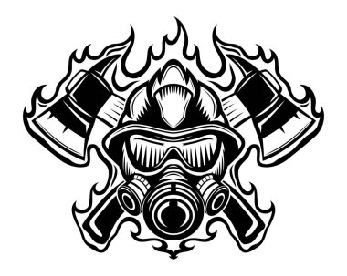 Beyaz arka planda alev işareti baltalı itfaiyeci.