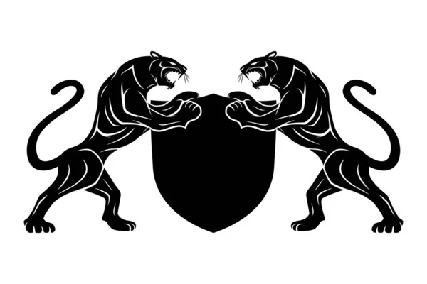 Zwei Schwarze Panther Mit Schildschild Auf Weißem Hintergrund — Stockvektor