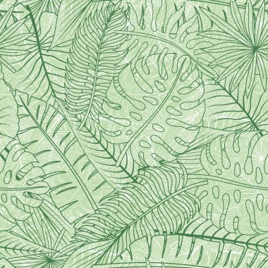 Yeşil arka plan üzerinde tropikal yaprakların kontur çizgileri ile dikişsiz desen.