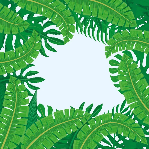 青い背景に熱帯の葉のフレーム — ストックベクタ