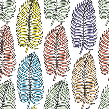 Beyaz bir arka plan üzerinde renkli palmiye yaprakları ile dikişsiz desen.