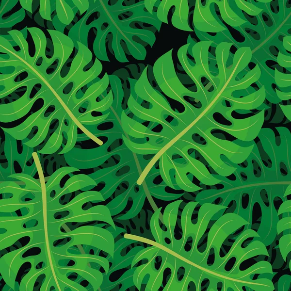 暗い背景に熱帯の葉のシームレス パターン — ストックベクタ
