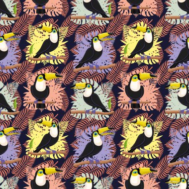Dalları ve karanlık bir arka plan üzerinde tropikal yaprakları üzerinde kuşlar toucans ile Dikişsiz desen.