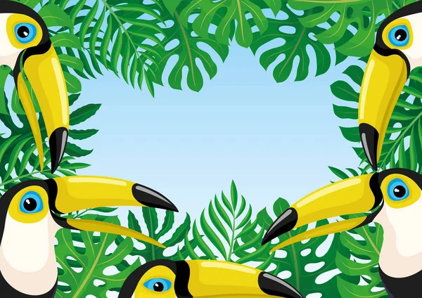 Frame of toucan birds and tropical leaves on a blue background.