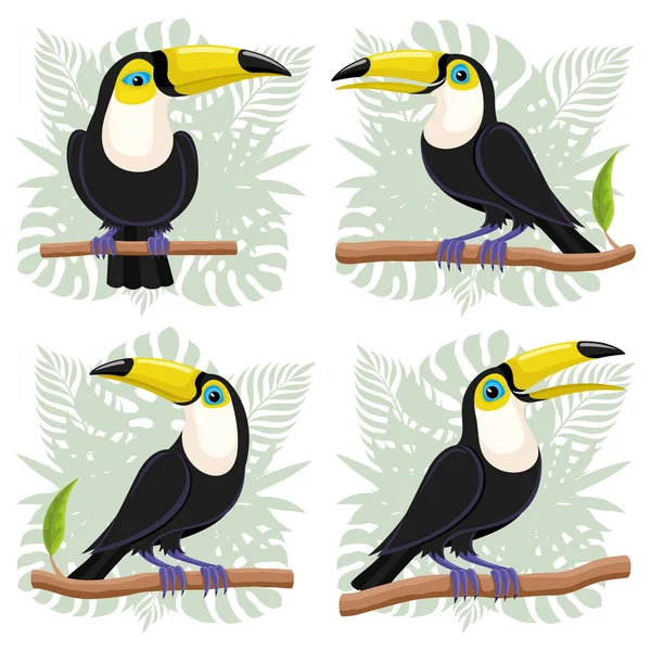 Toucans Pájaros Ramas Hojas Tropicales Icono Conjunto — Vector de stock