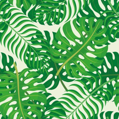 Yeşil arka plan üzerinde tropikal yaprakları ile dikişsiz desen.
