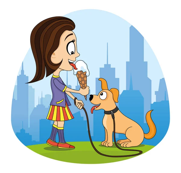 Chica Con Helado Mano Lindo Perro Fondo Ciudad — Archivo Imágenes Vectoriales