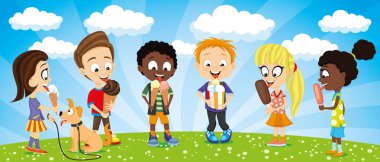 Ellerinde dondurma ile Yaz komik çocuklar çiçeklerle yeşil bir çayır üzerinde ayakta.