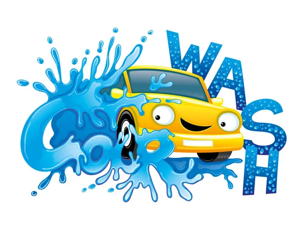 Autowaschanlage Schild Mit Gelbem Auto Und Wasserspritzer Auf Weißem Hintergrund — Stockvektor