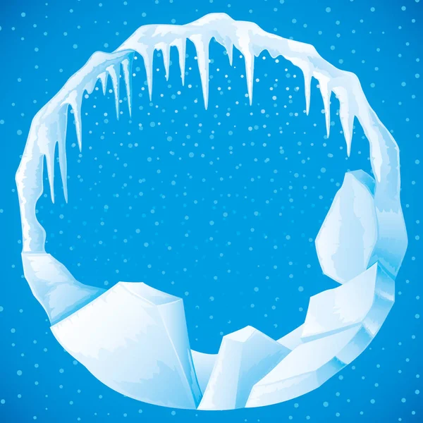 蓝色背景上的冰和冰柱的圆形框架 — 图库矢量图片