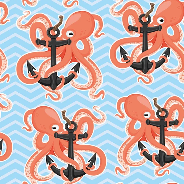 Seamless Pattern Cheerful Octopus Anchor Blue Background — Stock Vector