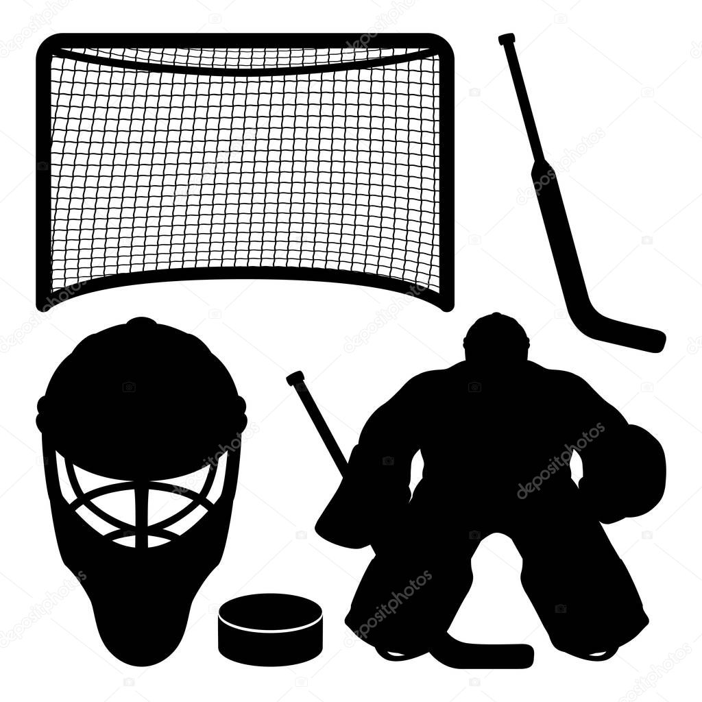 Black sports hockey signs set on a white background.