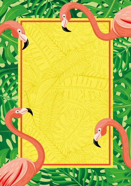 Bannière Verticale Avec Oiseaux Flamants Roses Feuilles Tropicales — Image vectorielle