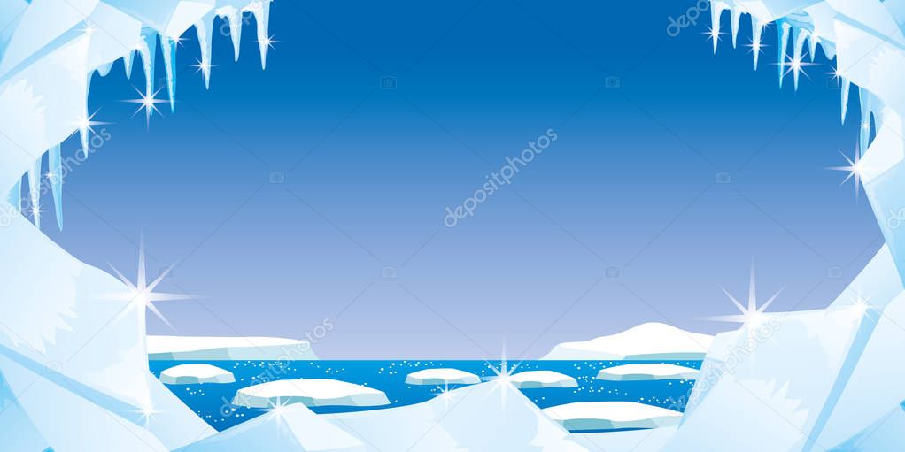Ice with icicles and snow on a blue background.