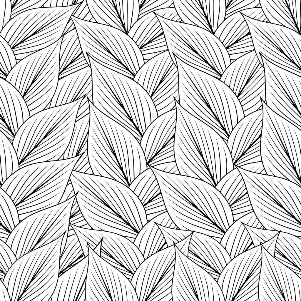 Seamless pattern with contour lines of tropical leaves on a white background.