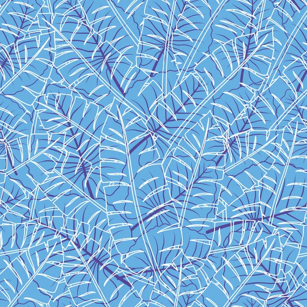 青い背景に熱帯の葉の輪郭線を持つシームレスなパターン — ストックベクタ