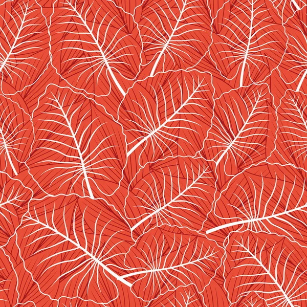 Seamless Pattern Contour Lines Tropical Leaves Red Background — Stock Vector