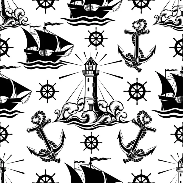 Seamless Pattern Lighthouse Ships Anchors White Background — Stock Vector