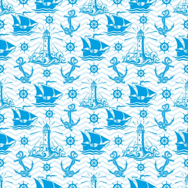 Seamless Pattern Lighthouse Ships Anchors Blue Background — Stock Vector