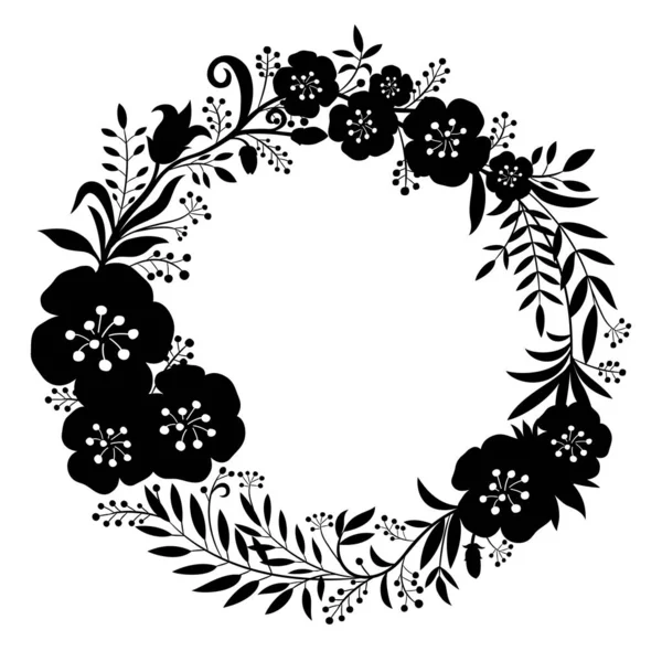 Schwarzer Schöner Kranz Aus Blumen Und Pflanzen Auf Weißem Hintergrund — Stockvektor