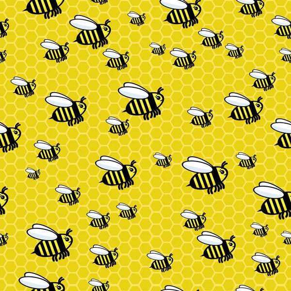 与蜜蜂和蜜蜂蜂巢在黄色背景的无缝模式 — 图库矢量图片