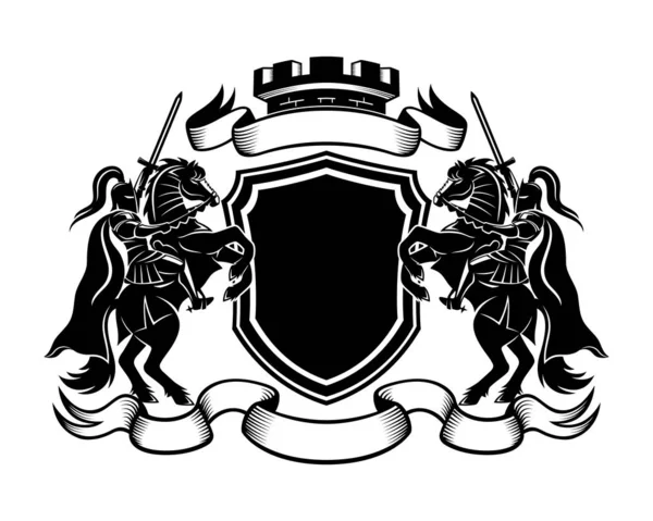 Chevaliers Avec Des Épées Chevauchant Cheval Bouclier Sur Fond Blanc — Image vectorielle