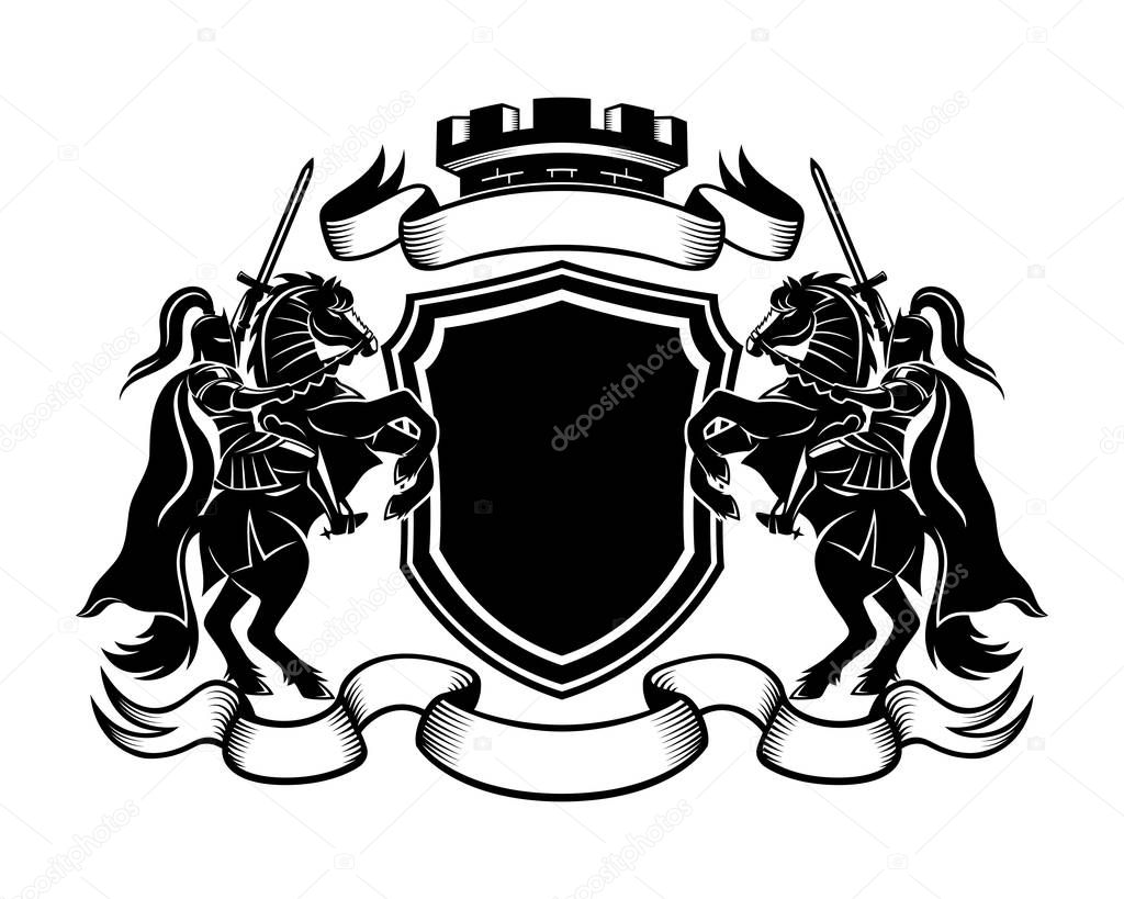 Knights with swords riding a horse and shield on a white background.