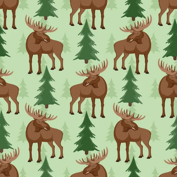 Seamless Pattern Moose Trees Green Background — Stock Vector