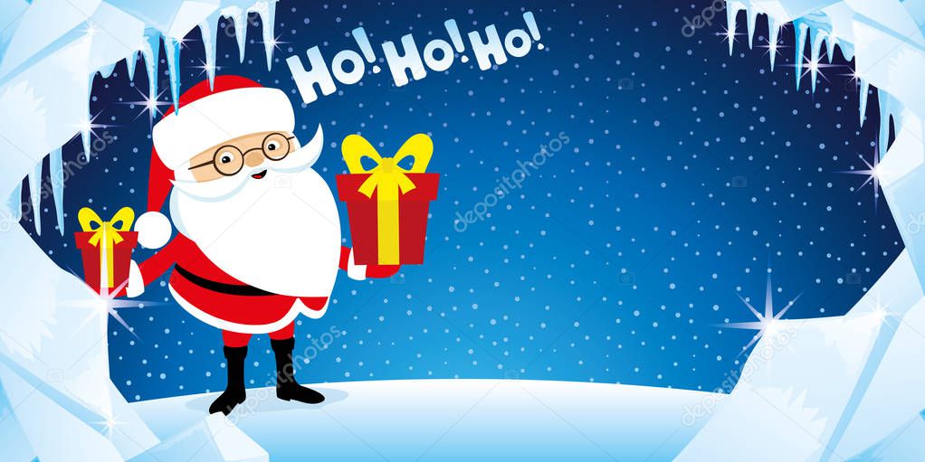 Santa claus with gift boxes in hands on winter blue background.