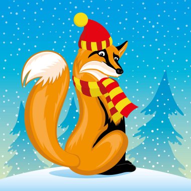 Bir eşarp ile Tilki kış doğanın bir arka plan üzerinde oturur.