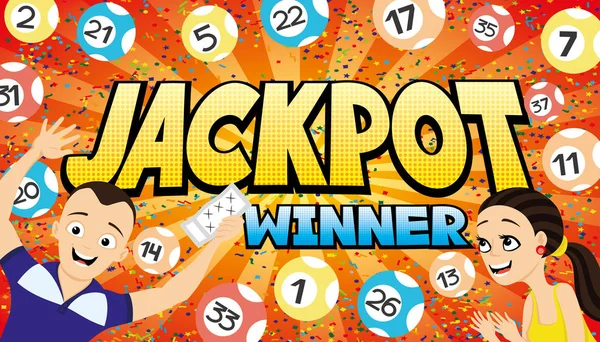 Jackpot Gagnant Loterie Bannière Rouge Avec Couple Heureux Balles Loterie — Image vectorielle