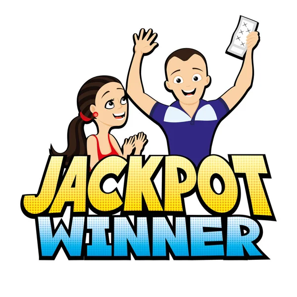 Jackpot Gagnant Signe Avec Couple Heureux Sur Fond Blanc — Image vectorielle